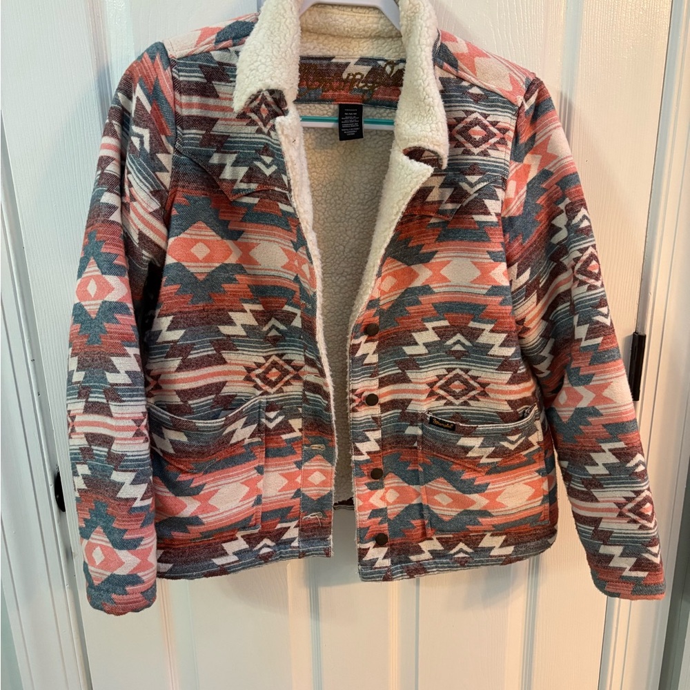 Wrangler Women's Aztec Sherpa-Lined Teddy Jacket in Coral, Teal & Cream